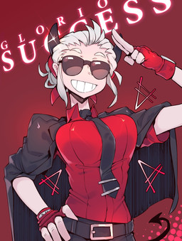 breasts clothing eyewear female gloves hair handwear necktie not_furry smile solo sunglasses white_hair karasu_chan helltaker justice_(helltaker) demon demon_humanoid humanoid absurd_res hi_res