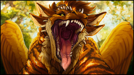 4_ears ambiguous_gender black_sclera blurred_background bodily_fluids brown_hair cheek_spikes ear_piercing ear_ring facial_spikes fangs feathered_wings feathers feral front_view fur gaping_mouth glistening glistening_eyes hair head_spikes horn looking_at_viewer mouth_shot multi_ear open_mouth orange_body orange_feathers orange_fur outside piercing red_tongue ring_piercing saliva saliva_on_tongue saliva_string sharp_teeth solo spikes spikes_(anatomy) striped_body striped_fur stripes tan_body tan_fur teeth tongue unsigned whiskers white_horn wings yellow_eyes acidic mythology jhon_(draginsn1per) dragon furred_dragon furred_scalie mythological_creature mythological_scalie scalie 16:9 bust_portrait portrait widescreen