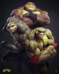 anthro brown_body eyewear green_body grey_body group male mostly_nude muscular muscular_male pecs realistic smile raf_grassetti battletoads rareware pimple_(battletoads) rash_(battletoads) zitz_(battletoads) amphibian frog toad_(frog) 4:5 hi_res