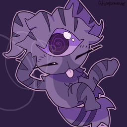 3_eyes ambiguous_anthro ambiguous_gender anthro biped blep eyes_closed fur looking_at_viewer multi_eye nude pink_tongue psychic_powers purple_background purple_body purple_ears purple_eyes purple_fur purple_sclera purple_stripes purple_tail simple_background solo spiral spiral_eyes striped_body striped_fur stripes tail tongue tongue_out futureformeruser mewgenics alice_(mewgenics) domestic_cat felid feline felis mammal 1:1 2026 colored digital_media_(artwork) full-length_portrait hi_res portrait purple_theme