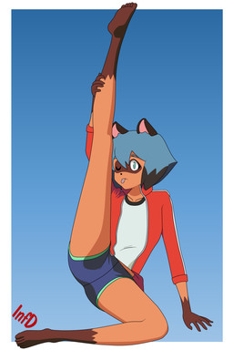5_fingers 5_toes anthro barefoot black_hair black_nose blue_body blue_eyes blue_hair bottomwear brown_body clothed clothing feet female fingers fur hair jacket multicolored_hair one_eye_closed raised_leg short_hair shorts soles toes tongue tongue_out topwear infd brand_new_animal studio_trigger michiru_kagemori canid canine mammal raccoon_dog tanuki 2020 2:3 absurd_res hi_res shaded