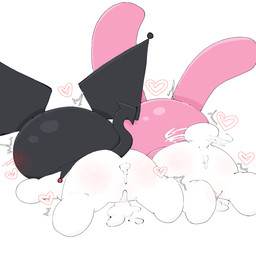 after_sex anthro anus black_clothing black_headwear blush blush_lines bodily_fluids butt chibi clothing cum cum_in_ass cum_in_vagina cum_inside duo female fool's_hat genital_fluids genitals hat headgear headgear_only headwear headwear_only heart_symbol hood leaking leaking_cum lying lying_on_ground mostly_nude on_ground on_model rear_view scut_tail short_tail simple_background spade_tail spread_legs spreading tail tail_motion tailwag vulva white_body aka_leopard onegai_my_melody sanrio kuromi my_melody demon lagomorph leporid mammal rabbit 1:1 absurd_res hi_res