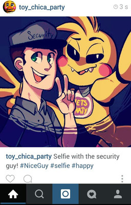 anthro beakless dark duo fake_screencap female machine male selfie sharp_teeth smile teeth text unknown_artist five_nights_at_freddy's five_nights_at_freddy's_2 instagram scottgames jeremy_fitzgerald toy_chica_(fnaf) animatronic avian bird human mammal robot english_text