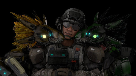 anthro avian_caruncle black_body black_feathers blep covered_eyes face_covered face_lick feather_hair feathered_crest feathers female female_anthro female_on_human fingers full_armor glowing glowing_eyes green_eyes grey_body grey_scales grin group hands_together head_crest hug human_on_anthro interspecies licking light_body light_skin looking_at_viewer male male/female male_human male_on_anthro nuzzling pseudo_hair scales sharp_teeth smile teeth tongue tongue_out trio xenophilia yellow_body yellow_eyes yellow_feathers silent_sfm halo_(series) microsoft xbox_game_studios alien avian human kig-yar mammal scalie t'vaoan 16:9 2022 3d_(artwork) colored digital_media_(artwork) source_filmmaker_(artwork) widescreen