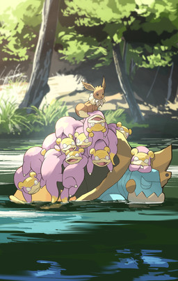 ambiguous_gender blue_body brown_body brown_fur dog_pile eyes_closed fangs female feral fur grass group lying on_back on_front open_mouth paws pink_body plant sitting swimming tail teeth tongue tree water hakkentai_pkdn nintendo pokemon pokemon_mystery_dungeon spike_chunsoft drednaw eevee galarian_form galarian_slowpoke generation_1_pokemon generation_8_pokemon pokemon_(species) regional_form_(pokemon) 2025 hi_res