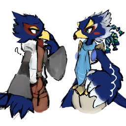 anthro beak blue_body blue_feathers clothed clothed_male clothing duo feathers male tail tail_feathers uniform grandmaedger breath_of_the_wild nintendo star_fox the_legend_of_zelda falco_lombardi revali avian bird rito 1:1 hi_res