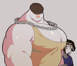 anthro biceps big_muscles big_pecs black_body black_fur chain_necklace clothing duo fur grey_background hat_over_eyes huge_pecs jewelry male muscular muscular_anthro muscular_male necklace pecs pink_nose shirt simple_background size_difference tank_top topwear white_body white_fur swirleez deadlock_(game) valve krill_(deadlock) mo_(deadlock) eulipotyphlan haplorhine mammal mole_(animal) monkey primate hi_res