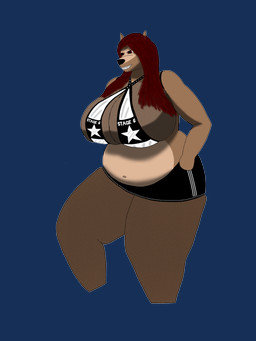 anthro big_breasts big_butt black_bottomwear black_clothing black_skirt black_topwear bottomwear breasts brown_body brown_fur butt clothing female fishnet_clothing fishnet_legwear fishnet_topwear fur hair huge_breasts legwear mostly_nude_female multicolored_body on_one_leg red_eyes red_hair skirt solo stage6 standing thick_thighs topwear two_tone_body wide_hips ilgoda hyena mammal absurd_res hi_res