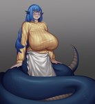 animal_humanoid apode apron big_breasts blue_body blue_hair blue_scales breasts cinko clothed clothing colored digital_media_(artwork) draconcopode ear_fins female fin front_view fully_clothed grey_background grey_body grey_eyes grey_scales hair hi_res huge_breasts humanoid lamia legless light_body light_skin long_hair looking_at_viewer monotone_hair multicolored_body multicolored_scales portrait pupils reptile reptile_humanoid scales scalie scalie_humanoid serpentine shaded simple_background snake snake_humanoid solo split_form standing sweater three-quarter_portrait topwear two_tone_body two_tone_scales yellow_clothing yellow_sweater yellow_topwear