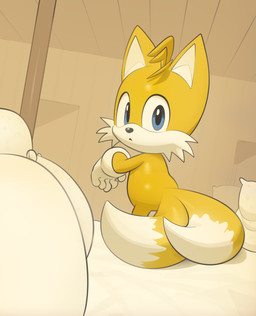 2_tails anthro blue_eyes chibi clothing dipstick_tail fur gloves handwear looking_at_viewer looking_back male markings multi_tail multicolored_body multicolored_fur multicolored_tail simple_background solo tail tail_markings two_tone_body two_tone_fur two_tone_tail white_body white_fur white_tail yellow_body yellow_fur yellow_tail inkune sega sonic_the_hedgehog_(series) miles_prower canid canine fox mammal digital_media_(artwork) hi_res