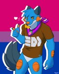 anthro badge bisexual_pride_colors blue_body blue_fur bottomless brown_clothing brown_shirt brown_topwear clothed clothing featureless_crotch fin fingerpads food fruit fur gesture hand_gesture head_tuft heart_symbol lgbt_pride male orange_body orange_eyes orange_gills orange_nose orange_pawpads orange_scales outline pantsless pattern_clothing pattern_scarf pawpads paws persim_berry persim_scarf plant pointing pokemon_berry pride_colors scales scarf shirt slightly_muscular_male smile smiling_at_viewer solo striped_clothing striped_scarf stripes t-shirt tail tail_fin text topwear tuft white_outline ryeon nintendo pokemon pokemon_mystery_dungeon spike_chunsoft splatoon xevy canid canine canis generation_3_pokemon hybrid mammal pokemon_(species) swampert wolf 4:5 constructed_script hi_res inkling_text portrait three-quarter_portrait