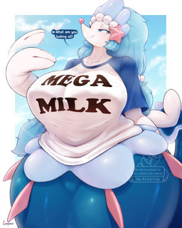 anthro big_breasts biped blue_body blue_tail blush bodily_fluids border breasts camel_toe clothed clothing do_not_distribute eyebrows eyelashes female huge_breasts low-angle_view multicolored_body pink_body pokemorph pose question_mark solo sweat tail text white_body white_border white_eyes white_tail larsspawn mega_milk nintendo pokemon generation_7_pokemon pokemon_(species) primarina 2025 absurd_res colored detailed digital_drawing_(artwork) digital_media_(artwork) distracting_watermark english_text hi_res meme shaded watermark