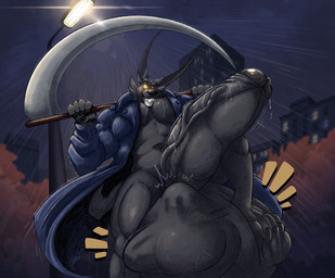 anthro balls big_balls big_penis bodily_fluids building city clothing cock_vore erection foreskin genital_fluids genitals holding_melee_weapon holding_object holding_weapon huge_balls huge_penis humanoid_genitalia humanoid_penis hyper hyper_balls hyper_genitalia hyper_penis low-angle_view male melee_weapon night outside penile penis polearm raining scythe smile solo standing street_lamp tail teeth text vore weapon yellow_eyes awoogasm mythology ebony_(awoogasm) anubian_jackal canid canine canis jackal mammal digital_media_(artwork) english_text hi_res