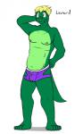 5:8 absurd_res alligator alligatorid anthro character_name clothed clothing crocodilian fuze hi_res leo_abel male nipples non-mammal_nipples purple_clothing purple_underwear reptile scalie simple_background solo texnatsu topless underwear white_background