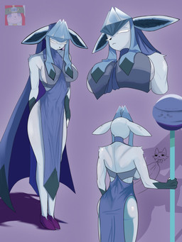 4_fingers anthro big_breasts big_butt black_nose blue_body blue_clothing blue_dress blue_fur breasts butt clothed clothing crossgender dress ears_down eyelashes female fingers front_view fur holding_object holding_staff navel_outline pivoted_ears purple_background rear_view simple_background solo staff thick_eyelashes thick_thighs wide_hips porporpor nine_sols nintendo pokemon red_candle_games ji_(nine_sols) eeveelution felid feline generation_4_pokemon glaceon hybrid mammal pokemon_(species) solarian hi_res