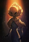 anthro black_eyes black_hands claws clothed clothing dim_lighting female gold_clothing gold_mask grey_body looking_at_viewer mask particles solo standing warm_lighting ivadonis hollow_knight team_cherry godseeker_(hollow_knight) arthropod 2023 digital_media_(artwork) hi_res portrait