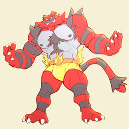 anthro arms_wide dominant flexing green_eyes looking_at_viewer male muscular muscular_anthro muscular_male red_body simple_background striped_body stripes tail white_background wrestler wrestling_briefs yellow_sclera rickleone nintendo pokemon felid generation_7_pokemon incineroar mammal pantherine pokemon_(species) tiger 1:1 hi_res