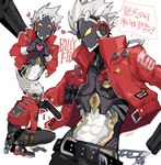 belt billy_kid clothing gesture grey_body gun hair hally_0416 hand_heart handgun heart_symbol hi_res humanoid jacket japanese_text machine male mihoyo pistol ranged_weapon robot shirtless solo text topwear weapon white_hair yellow_eyes zenless_zone_zero