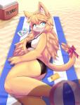 anthro beach bikini breasts clothing female fur hair kemono on_towel outside seaside solo swimwear towel two-piece_swimsuit yakimo marimo_(9air) domestic_cat felid feline felis mammal 2016 hi_res