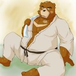 anthro biped bodily_fluids bottomwear brown_body brown_fur clothing fur kemono male overweight overweight_anthro overweight_male pants sitting solo sweat emufu morenatsu juuichi_mikazuki bear mammal 1:1 2012