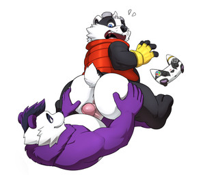 anthro anus belly big_butt black_body blue_eyes butt butt_grab clothing controller eye_contact fingerless_gloves fur genitals gloves hair hand_on_butt handwear happy looking_at_another male male/male multicolored_body multicolored_fur nude penis purple_body purple_eyes sitting_on_another slightly_chubby smile smiling_at_another smiling_at_partner surprised seyrmo bradley_(bradley_the_badger) panfluff_(xpanda6) badger bear giant_panda mammal mustelid musteline hi_res