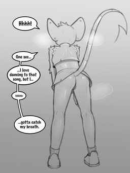 anthro bodily_fluids bottomless bottomless_female bottomwear butt clothed clothing clothing_lift dialogue female footwear genitals raised_tail shoes skirt skirt_lift solo sweat tail text vulva milachu92 milachu mammal mouse murid murine rodent 3:4 absurd_res english_text hi_res monochrome