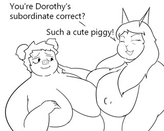 anthro big_breasts breasts dialogue eyelashes female female/female huge_breasts long_eyelashes mature_anthro mature_female nipples nude obese obese_anthro obese_female overweight overweight_anthro overweight_female poking_cheek tear_trough text oxkingky catherine_(oxkingky) sherry_p_chops domestic_cat domestic_pig felid feline felis mammal suid suine sus_(pig) 2026 black_and_white english_text monochrome