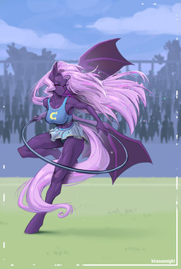 anthro bat_wings bottomwear cheerleader cheerleader_outfit clothing crowd female group hair hula_hoop long_hair membrane_(anatomy) membranous_wings miniskirt panties pink_hair pink_tail purple_body purple_eyes skirt solo sparkles tail underwear wings kirasunnight hasbro my_little_pony fan_character lilac_night_(oc) bat_pony equid mammal absurd_res hi_res