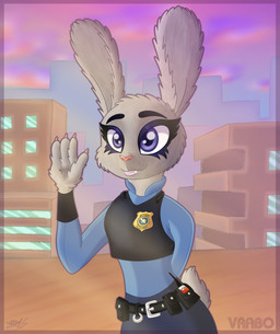 anthro badge belt biped building city clothed clothing electronics eyebrows eyelashes female fur gesture glistening glistening_lips light lips long_ears police police_uniform rooftop sky smile solo standing sunlight sunset uniform walkie-talkie waving wide_hips window vrabo disney zootopia judy_hopps lagomorph leporid mammal rabbit 2016 absurd_res hi_res