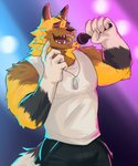 anthro biceps clothed clothing dog_tags electronics eyes_closed fur head_tuft male microphone muscular muscular_anthro muscular_male shirt simple_background singing solo spotlight tank_top topwear tuft naikuma animal_crossing nintendo kyle_(animal_crossing) canid canine canis mammal wolf 2020 hi_res