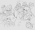 anthro blush caressing_cheek clothing exclamation_point eye_scar eyewear facial_scar glasses group kemono male overweight overweight_male scar speech_bubble suit text hinyo731887 mihoyo zenless_zone_zero anton_ivanov ben_bigger bear human mammal 2024 japanese_text translation_request