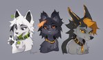 black_nose black_pawpads collar fur grey_background grey_body grey_fur grin group inner_ear_fluff pawpads simple_background smile trio tuft whiskers white_body white_fur yellow_sclera reysi fray_(reysi) vi-bellum_(hyilpi) canid canine domestic_cat felid feline felis fox mammal 2024 digital_media_(artwork) signature