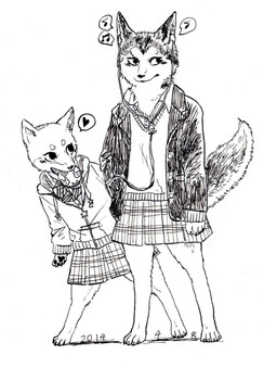 anthro barefoot biped bottomwear cheek_tuft claws clothed clothing cross digitigrade duo ear_piercing ear_ring earbuds electronics facial_tuft feet female fully_clothed fur hand_in_pocket hands_in_both_pockets headphones heart_symbol inner_ear_fluff jacket jewelry kemono markings musical_note musical_symbol neck_tuft necklace open_mouth pattern_bottomwear pattern_clothing pattern_skirt pawpads paws piercing plaid plaid_bottomwear plaid_clothing plaid_skirt pockets portable_music_player ring_piercing school_uniform shirt simple_background skirt smile snout speech_bubble standing sweater sweater_vest symbol tail toe_claws toes topwear tuft uniform vest white_background white_body kyokyota canid canine canis domestic_dog husky mammal nordic_sled_dog spitz 2014 black_and_white hi_res monochrome sketch traditional_media_(artwork)