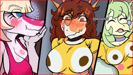 anthro big_breasts biped blonde_hair blue_eyes blush body_blush breast_blush breasts brown_hair choker clothed clothed_anthro clothed_female clothing cross-popping_vein emoji eyebrow_through_hair eyebrows eyes_closed female fingers front_view green_body green_hair green_scales group hair huge_breasts humanoid_hands jewelry long_hair looking_at_viewer multicolored_body multicolored_scales necklace non-mammal_breasts open_mouth orange_body orange_scales pink_body pink_clothing pink_scales pink_shirt pink_tank_top pink_topwear raised_eyebrows red_eyes scales shirt side_view tan_body tan_scales tank_top text topwear translucent translucent_hair trio two_tone_body two_tone_scales yellow_clothing yellow_shirt yellow_topwear dannoartista cavemanon_studios goodbye_volcano_high i_wani_hug_that_gator meme_clothing mia_moretti rosa_(gvh) stella_(gvh_beta) aquilops ceratopsian dinosaur hadrosaurid ornithischian ornithopod parasaurolophus prehistoric_species reptile scalie stegosaurian stegosaurus thyreophoran 16:9 artist_name colored meme multiple_images spanish_description widescreen