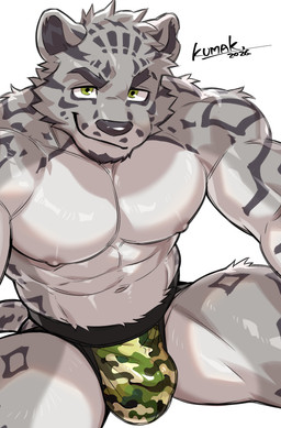 abs anthro biceps bulge camo camo_print clothing jockstrap male muscular muscular_anthro muscular_male nipples pecs smile smirk solo underwear yellow_eyes kumak71395 xxl_woofia moyru_(xxl_woofia) felid mammal pantherine snow_leopard absurd_res hi_res