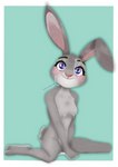 anthro blush bodily_fluids cum cum_on_chest cum_on_face cum_on_ground eyelashes feet female fur genital_fluids grey_body grey_fur looking_at_viewer navel nude paws purple_eyes scut_tail short_tail smile solo tail nekopumpkin disney zootopia judy_hopps lagomorph leporid mammal rabbit absurd_res hi_res