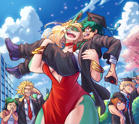 5_fingers anthro blonde_hair blue_sky blush bodily_fluids bracelet bridal_carry carrying_another cherry_blossom cherry_blossom_tree cherry_tree city city_background clothed clothing cloud constricted_pupils crying detailed_background digit_ring dress duo_focus engagement_ring eye_contact female female_carrying_male fingers flower fruit_tree fully_clothed gold_(metal) gold_bracelet gold_jewelry graduation_cap green_body green_eyes green_hair group hair happy human_on_anthro interspecies jealous jewelry larger_female looking_at_another male male/female marriage_proposal multicolored_body open_mouth pale_body plant prunus_(flower) pupils red_clothing red_dress romantic romantic_couple size_difference sky small_pupils smaller_male tears tears_of_joy thick_thighs tree two_tone_body vlizz my_hero_academia inko_midoriya ippan_josei izuku_midoriya katsuki_bakugou ochaco_uraraka toshinori_yagi canid canine fox human mammal quirked_human_(my_hero_academia) 2024 absurd_res hi_res spanish_description translated_description mother_(lore) mother_and_child_(lore) mother_and_son_(lore) parent_(lore) parent_and_child_(lore) parent_and_son_(lore) son_(lore)