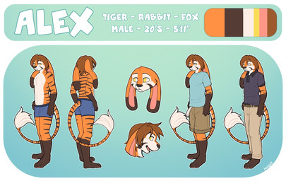 3_toes anthro barefoot belt biped blue_boxers blue_clothing blue_underwear bottomwear boxers_(clothing) brown_belt brown_hair brown_stripes butt clothed clothing color_swatch countershade_fur countershade_torso countershading feet floppy_ears front_view fully_clothed fur hair male markings multiple_poses orange_body orange_fur pants pink_inner_ear pose rear_view shirt short_hair shorts solo striped_markings striped_tail stripes tail tail_markings tail_tuft tan_bottomwear tan_clothing tan_pants tan_shorts text toes topless topwear tuft underwear white_body white_countershading yellow_eyes pupspace alex_(faerie_alex) canid canine felid fox hybrid lagomorph leporid mammal pantherine rabbit tiger character_name digital_drawing_(artwork) digital_media_(artwork) english_text hi_res model_sheet watermark