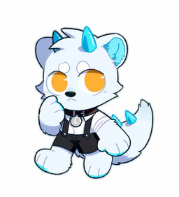 anthro black_bottomwear black_clothing black_nose black_pants blue_body blue_fur blue_horn blue_inner_ear_fluff bottomwear brown_collar cheek_tuft chibi clothed clothing collar facial_tuft front_view fur glistening glistening_eyes head_tuft horn inner_ear_fluff light_body light_fur looking_aside male mouth_closed orange_eyes pants simple_background solo spiked_tail spikes spikes_(anatomy) tail topwear tuft unsigned white_background white_clothing white_topwear asnnonaka full-length_portrait portrait