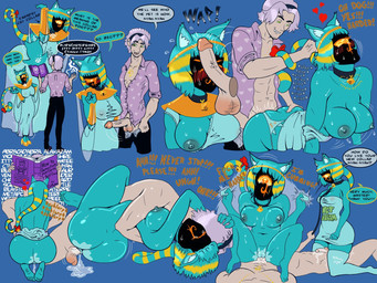 1_eye anthro areola balls big_breasts big_butt big_penis blue_background blue_body blue_fur blue_hair bodily_fluids breasts butt clothing collar dialogue disembodied_penis dress duo female fur genitals grey_areola grey_nipples hair heart_symbol leash leashed_collar male male/female markings nipples nude obscured_face penetration penis penis_on_face profanity purple_hair short_hair simple_background speech_bubble striped_markings striped_tail stripes sweat tail tail_markings tan_body tan_skin text thick_thighs translucent translucent_clothing translucent_dress vaginal vaginal_penetration vulva wide_hips yellow_body yellow_fur crusadersatyr sucker_for_love nyanlathotep_(sucker_for_love) domestic_cat eldritch_being felid feline felis human mammal 4:3 english_text hi_res