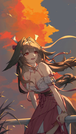 breasts brown_hair brown_tail cleavage clothed clothed_female clothed_humanoid clothing cloud dress female fully_clothed fully_clothed_female fully_clothed_humanoid hair light_body light_skin outside red_clothing red_dress red_eyes sitting_on_railing sky solo tail s4hara mihoyo zenless_zone_zero ye_shunguang animal_humanoid canid canid_humanoid canine canine_humanoid fox_humanoid humanoid mammal mammal_humanoid thiren 2025 absurd_res hi_res portrait