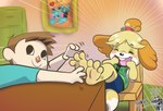 3_toes animal_crossing anthro barefoot blush body_blush canid canine canis chair domestic_dog duo feet female foot_blush furniture hair human isabelle_(animal_crossing) laugh male mammal nintendo open_mouth sharky-b soles tickling tickling_feet toes villager_(animal_crossing)