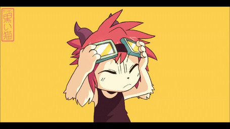 anthro black_clothing black_shirt black_tank_top black_topwear clothing eyewear goggles goggles_on_face hair horn male monotone_background orange_eyes red_hair shirt simple_background solo tank_top topwear white_body yellow_background koiyaroid nami_(koiyaroid) mammal unknown_species alternate_version_at_source animated letterbox short_playtime signature video
