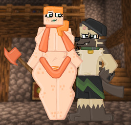 axe beanie black_pawpads bottomwear breasts brown_body brown_fur clothing collar duo eyelashes eyewear female freckled_arms freckled_breasts freckled_chest freckled_face freckled_legs freckled_thighs freckles fur glasses green_eyes hair hat headgear headwear lipstick long_hair makeup male metal metal_clothing metal_collar metallic_clothing orange_clothing orange_hair pawpads pubes shorts stubble tan_body tan_fur teeth thong turquoise_lipstick underwear weapon zoyeensadart microsoft minecraft mojang xbox_game_studios alex_(minecraft) stripes_(zoyeensadart) canid canine canis human mammal wolf