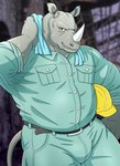 2020 anthro armor belt bodily_fluids bottomwear bulge clothed clothing fully_clothed grey_body hard_hat headgear helmet horn jacklantern_11 kemono male mammal pants rhinoceros shirt solo sweat topwear towel