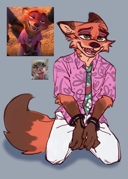 accessory anthro bottomwear bound clothed clothing cuff_(restraint) fur half-closed_eyes handcuffed handcuffs hands_tied kneeling male metal_cuffs narrowed_eyes necktie open_mouth pants restraints shirt simple_background smile solo tail teeth topwear jolyn_foxxo disney zootopia nick_wilde canid canine fox mammal red_fox true_fox digital_media_(artwork) hi_res redraw