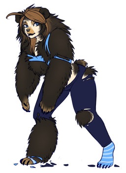 anthro blue_eyes bottomwear brown_hair clothing female footwear hair legwear pants simple_background snout socks solo torn_clothing transformation white_background flittermilk bear mammal 2015 hi_res