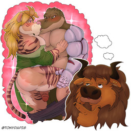 anthro balls butt clothed clothing duo erection feet foot_grab fur genitals green_body hair horn humanoid_genitalia humanoid_penis kissing male male/male markings muscular muscular_male nipples nude penis raised_leg simple_background striped_body striped_fur striped_markings striped_tail stripes tail tail_markings white_background tonydapig blizzard_entertainment dungeons_and_dragons hasbro warcraft wizards_of_the_coast alligator alligatorid bovid bovine crocodilian felid feline mammal reptile scalie tabaxi tauren 1:1 digital_media_(artwork) hi_res