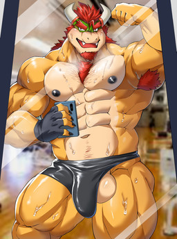 2_horns abs after_exercise anthro armpit_hair ball_slip balls barazoku beard biceps big_balls big_bulge big_muscles blurred_background bodily_fluids body_hair bulge cellphone chest_hair claws clothed clothing deltoids electronics erection erection_under_clothing eyebrows facial_hair fingerless_gloves flexing genitals gloves gym hair handwear holding_object holding_phone horn huge_muscles inside male manly mirror mirror_selfie muscular muscular_anthro muscular_male navel nipples non-mammal_balls non-mammal_nipples obliques open_mouth open_smile pecs penis phone quads reflection selfie smartphone smile solo standing sweat teeth thick_thighs tongue underwear owan8181 mario_bros nintendo bowser koopa scalie 2023 hi_res