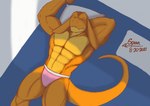 4_ears abs anthro bed biceps clothed clothing countershading furniture hand_on_head jockstrap jockstrap_only male multi_ear muscular muscular_male muscular_thighs orange_body pecs piercing pillow shadow sleeping solo topless underwear underwear_only spoongod final_fantasy square_enix locke_(spoongod) bangaa colored shaded signature simple_shading